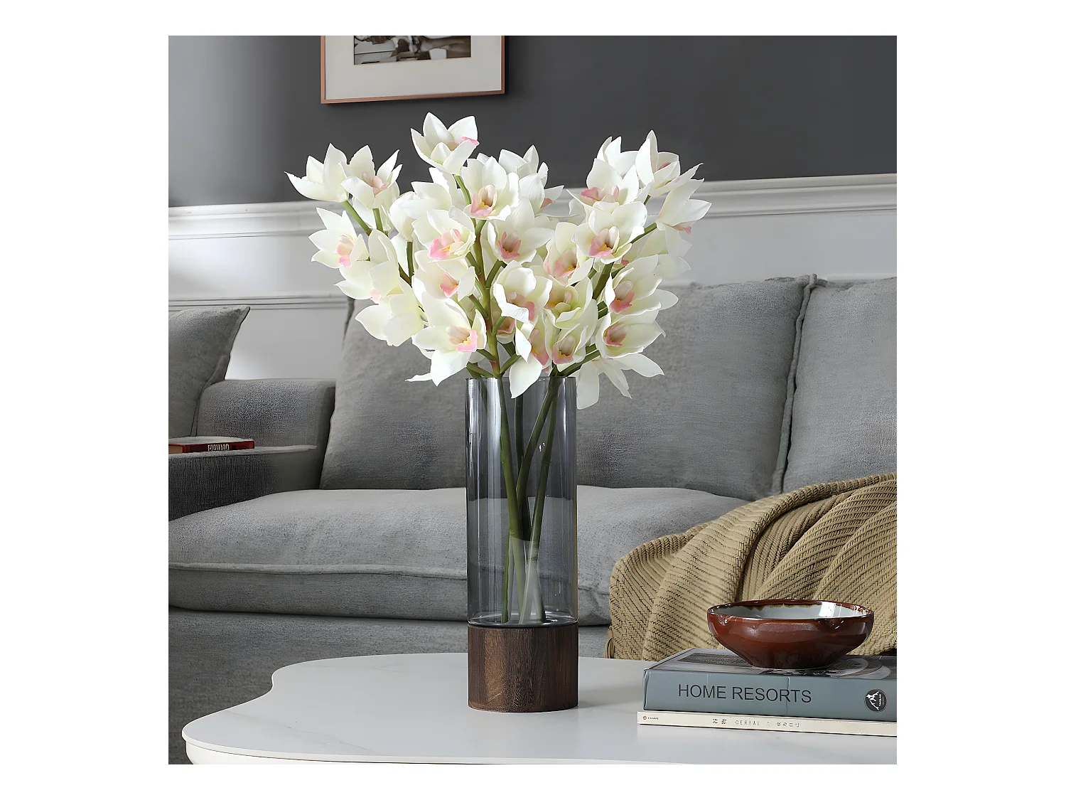 Tige d'Orchidée Cymbidium - Blanc / 62 cm