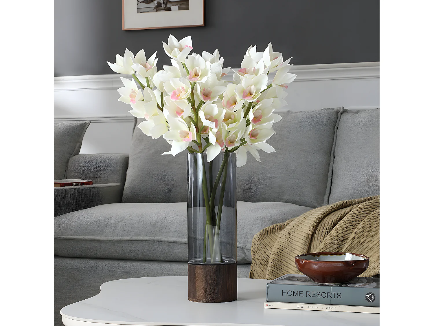 Tige d'Orchidée Cymbidium - Blanc / 62 cm