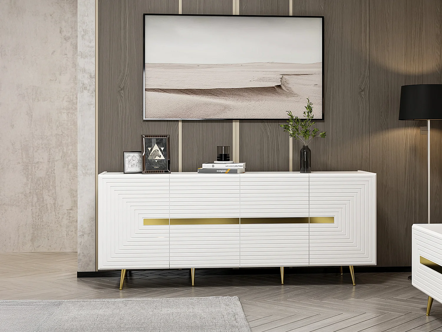 Aparador con 4 puertas de MDF - Blanco y dorado - MOLYA de Pascal MORABITO