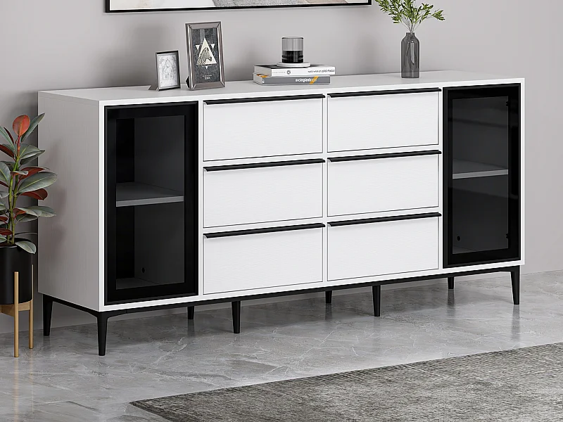 Buffet avec 2 portes en verre trempé et 6 tiroirs - Blanc et noir - MOLINIA