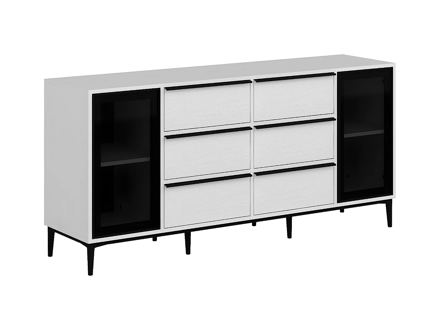 Sideboard mit 2 Türen aus Sicherheitsglas & 6 Schubladen - Weiß & Schwarz - MOLINIA