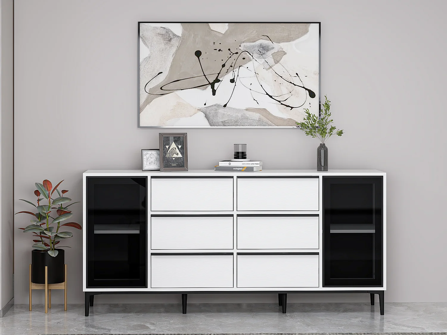 Buffet avec 2 portes en verre trempé et 6 tiroirs - Blanc et noir - MOLINIA