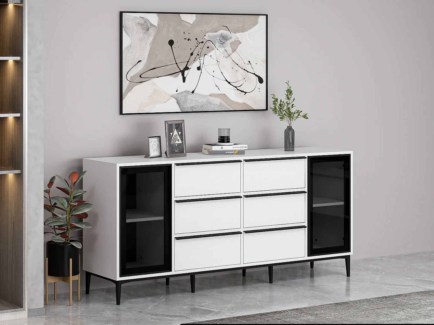 Buffet avec 2 portes en verre trempé et 6 tiroirs - Blanc et noir - MOLINIA