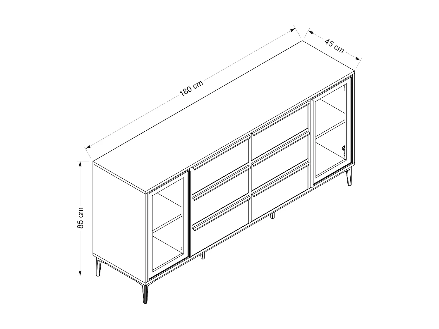 Sideboard mit 2 Türen aus Sicherheitsglas & 6 Schubladen - Weiß & Schwarz - MOLINIA