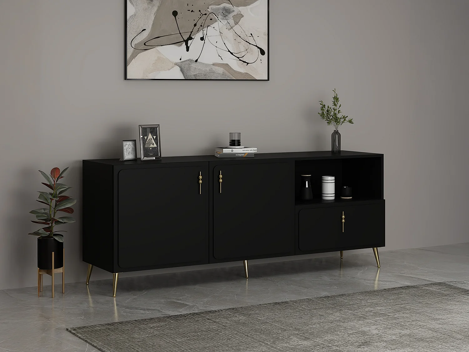 Buffet avec 2 portes, 1 tiroir et 1 niche - Noir et Doré - MAVELYA