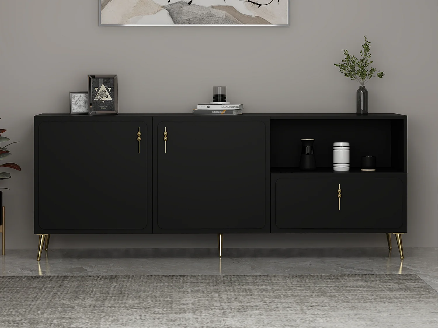 Sideboard mit 2 Türen, 1 Schublade & 1 Regalfach - Schwarz & Goldfarben - MAVELYA