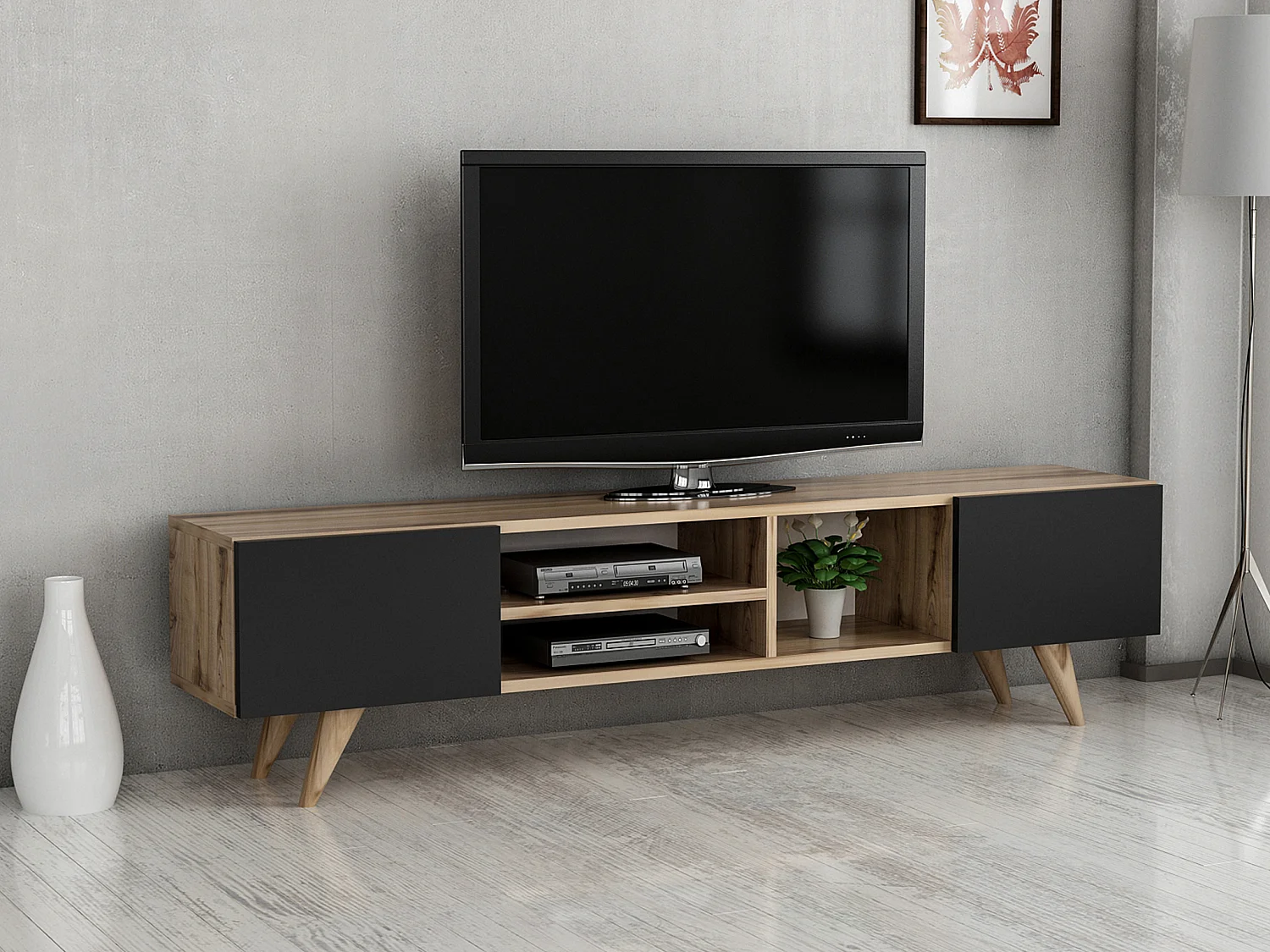 Meuble TV avec 2 portes et 3 niches - Noir et Naturel - MOSTIA