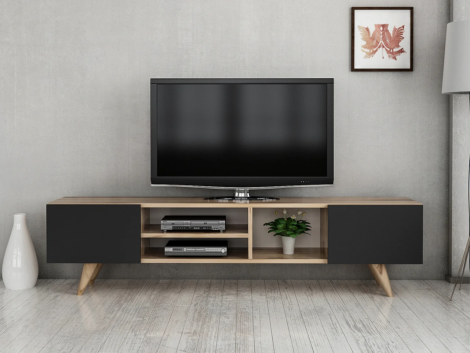 Meuble TV avec 2 portes et 3 niches - Noir et Naturel - MOSTIA