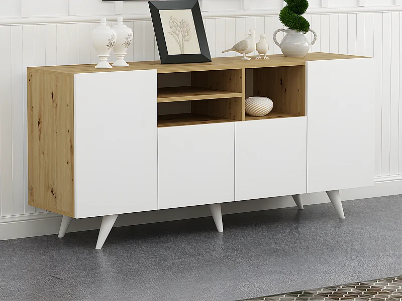 Sideboard mit 4 Türen & 3 Regalfächern - Weiß & Holzfarben - MOSTIA
