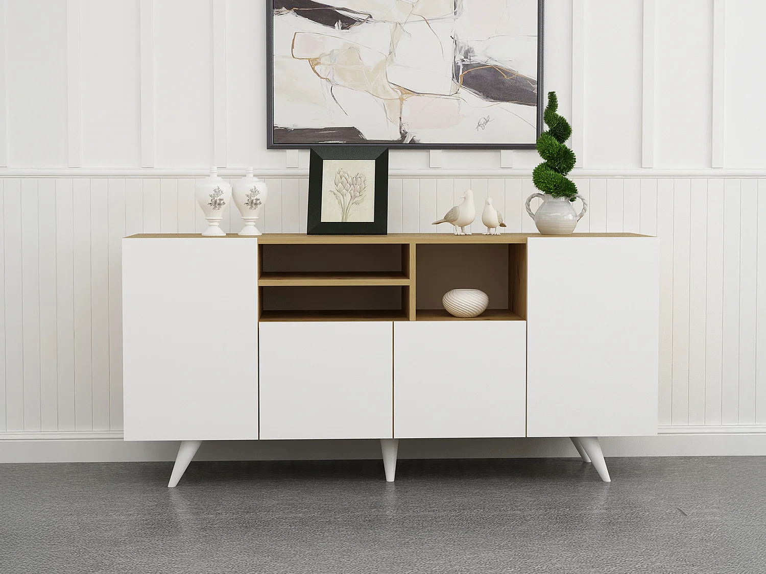 Buffet avec 4 portes et 3 niches - Blanc et naturel - MOSTIA