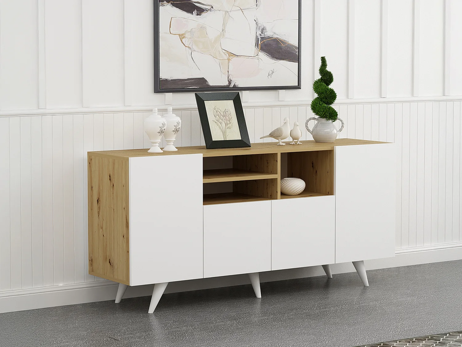 Buffet avec 4 portes et 3 niches - Blanc et naturel - MOSTIA
