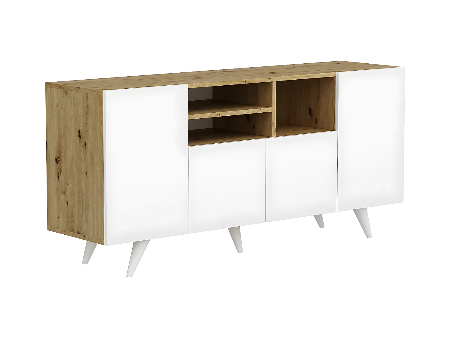 Aparador con 4 puertas y 3 estantes - Blanco y natural - MOSTIA