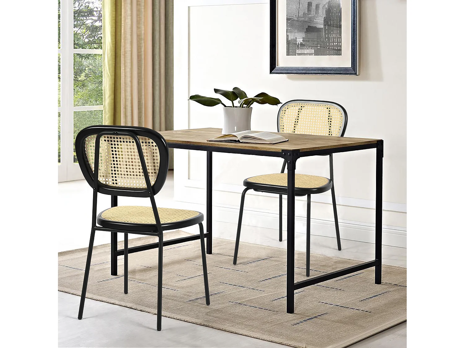 Lot de 2 chaises salle manger en rotin nature et structure métallique noir SMEDLEY