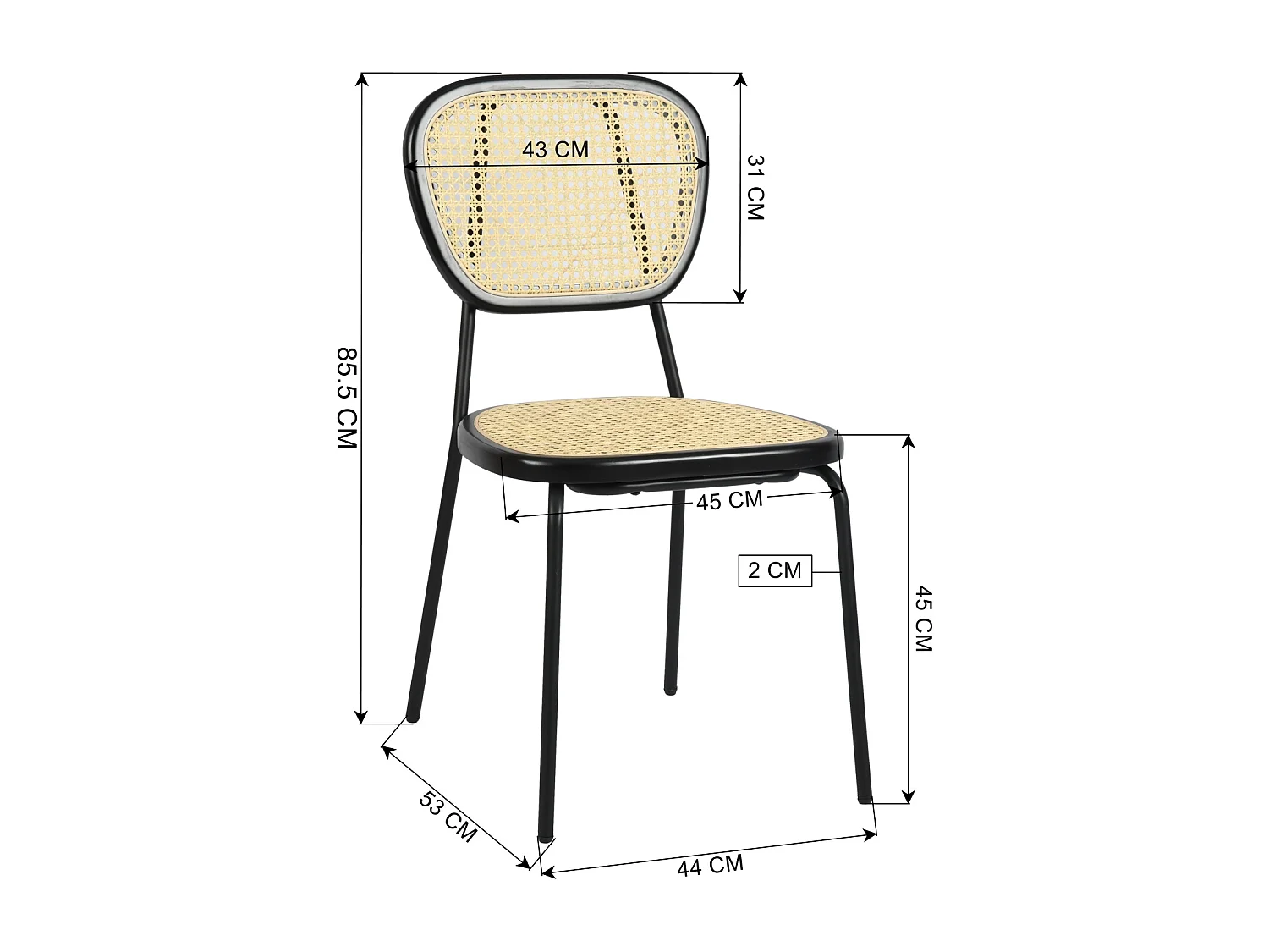 Lot de 2 chaises salle manger en rotin nature et structure métallique noir SMEDLEY