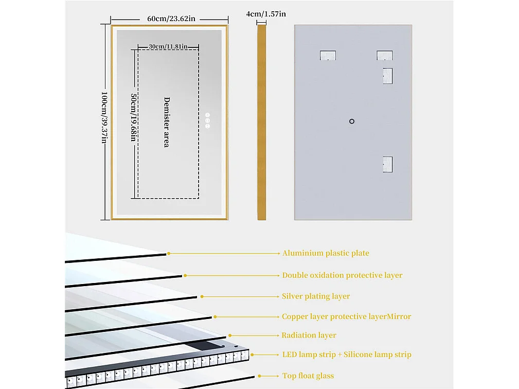 Miroir salle de bain led 100x60cm anti-buée 3 couleurs réglables avec cadre doré 100x60x4cm