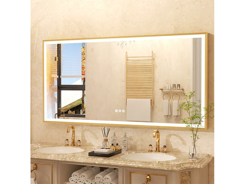 Miroir salle de bain led 100x60cm anti-buée 3 couleurs réglables avec cadre doré 100x60x4cm