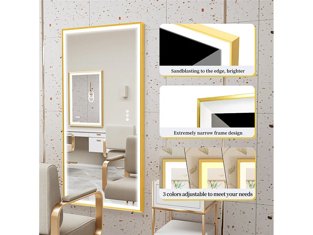 Miroir salle de bain led 100x60cm anti-buée 3 couleurs réglables avec cadre doré 100x60x4cm