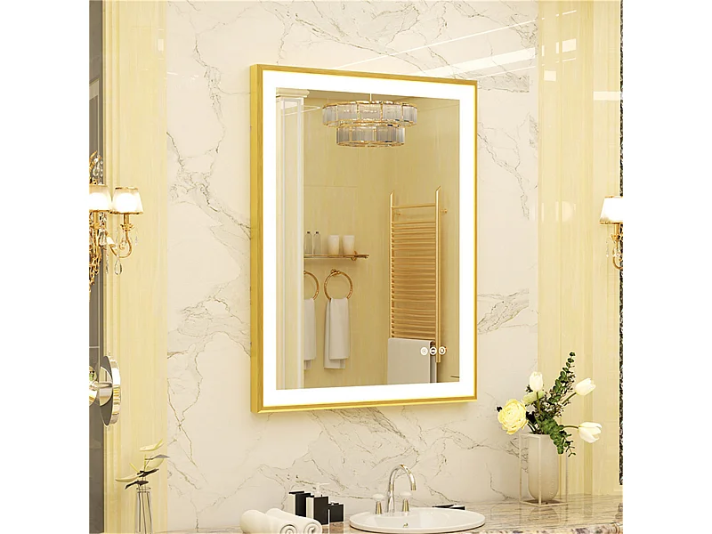 Miroir salle de bain led lumineux anti-buée avec cadre doré 80x60x4cm