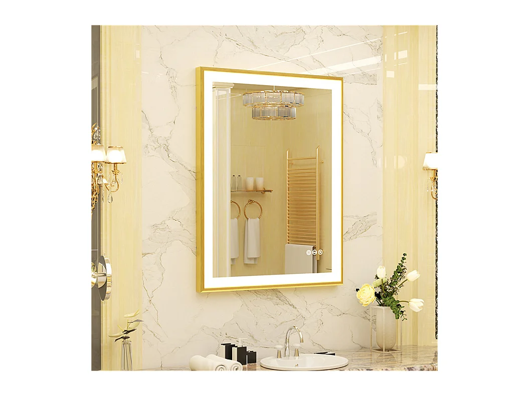 Miroir salle de bain led lumineux anti-buée avec cadre doré 80x60x4cm