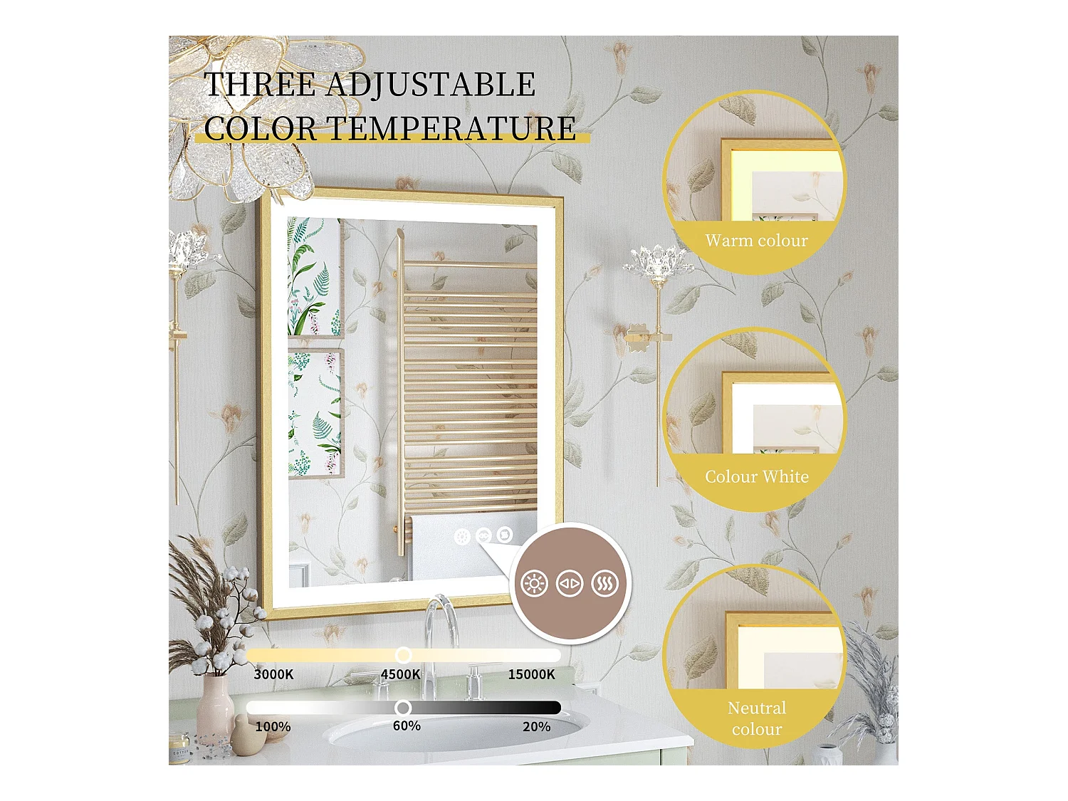 Beschlagfreier Badezimmerspiegel mit LED-Beleuchtung und Goldrahmen 80x60x4cm