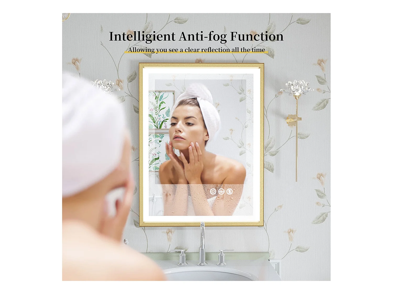 Beschlagfreier Badezimmerspiegel mit LED-Beleuchtung und Goldrahmen 80x60x4cm