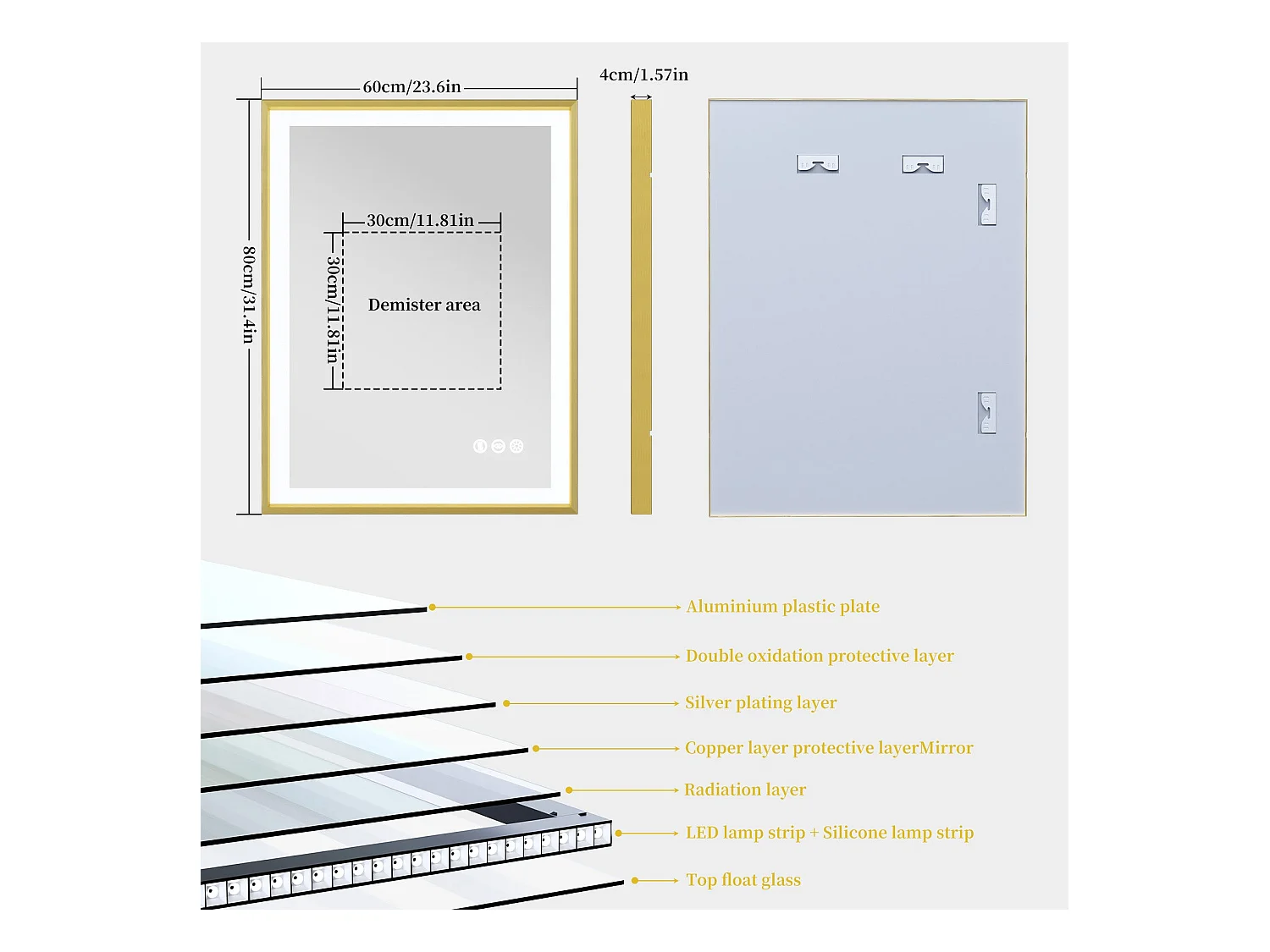 Beschlagfreier Badezimmerspiegel mit LED-Beleuchtung und Goldrahmen 80x60x4cm