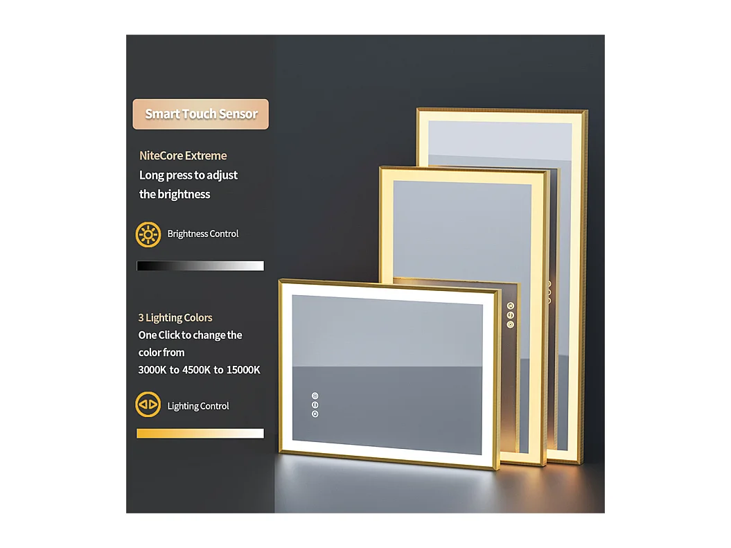 Beschlagfreier Badezimmerspiegel mit LED-Beleuchtung und Goldrahmen 80x60x4cm