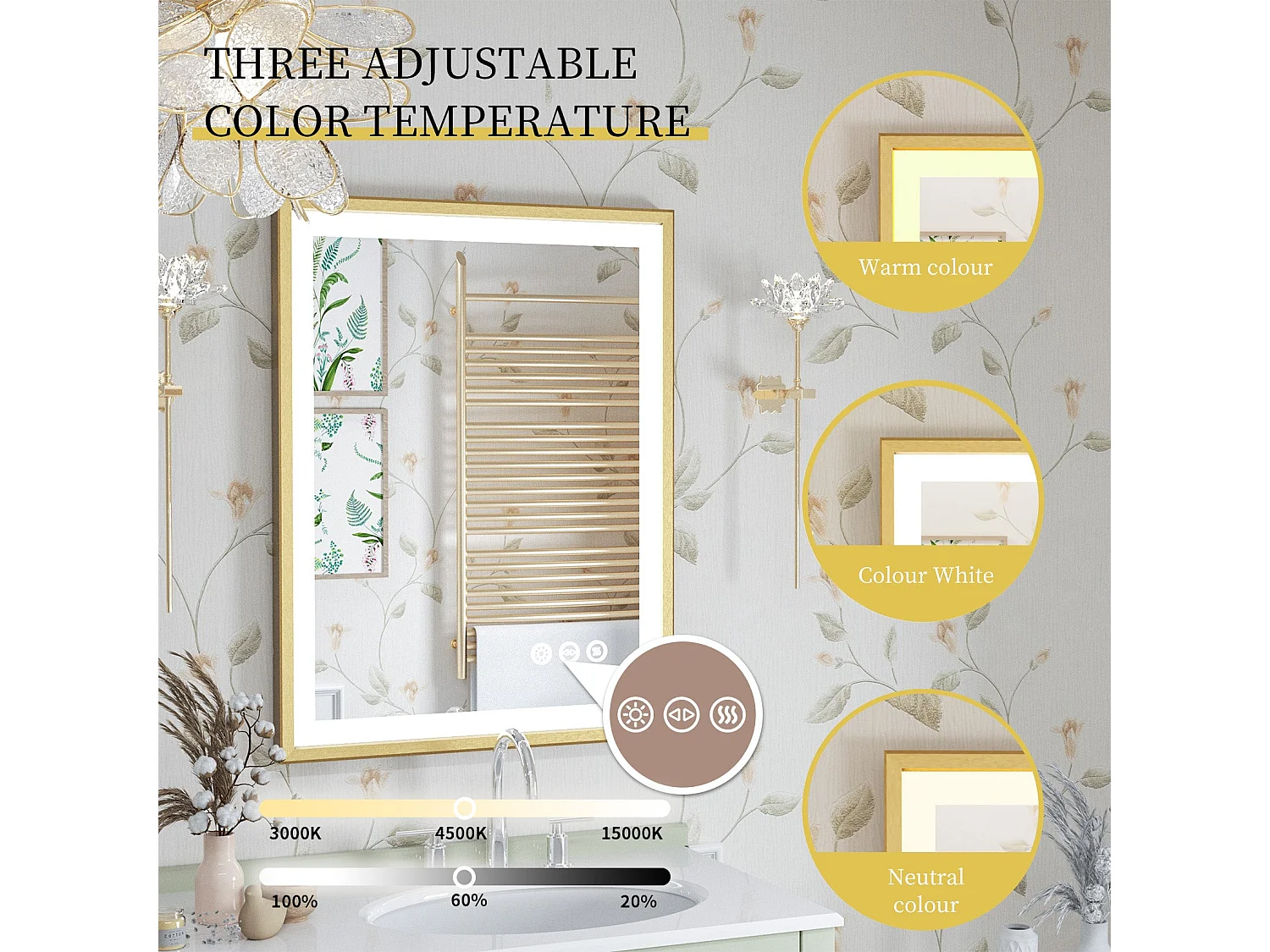 Miroir salle de bain led lumineux anti-buée avec cadre doré 80x60x4cm