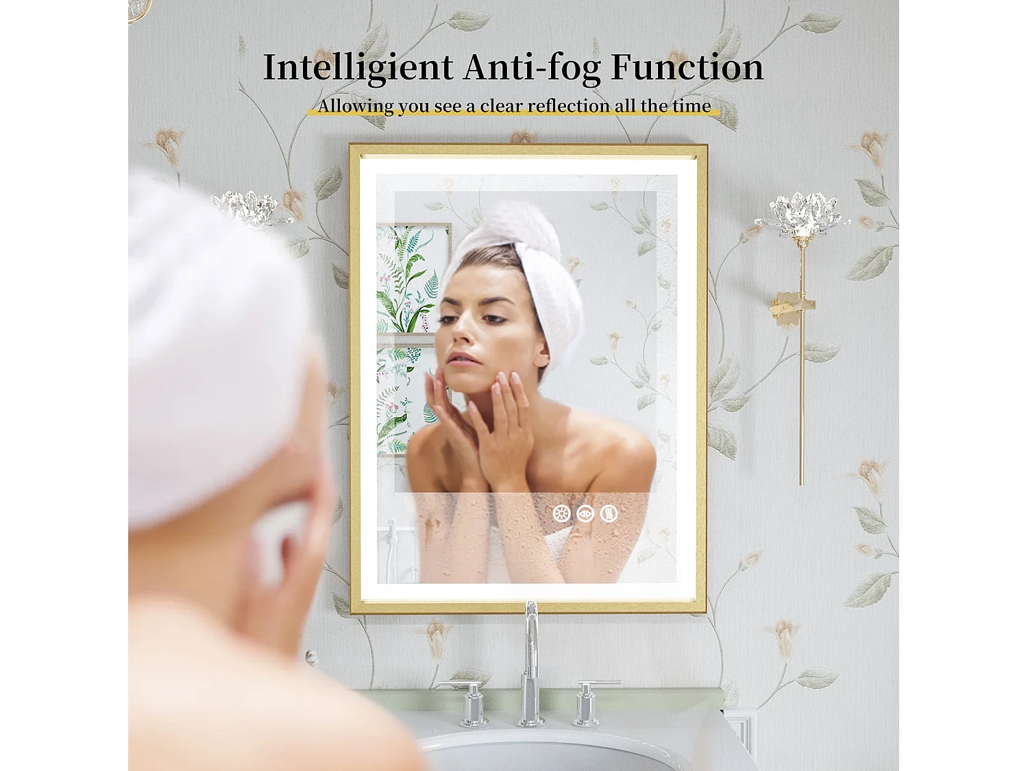 Miroir salle de bain led lumineux anti-buée avec cadre doré 80x60x4cm