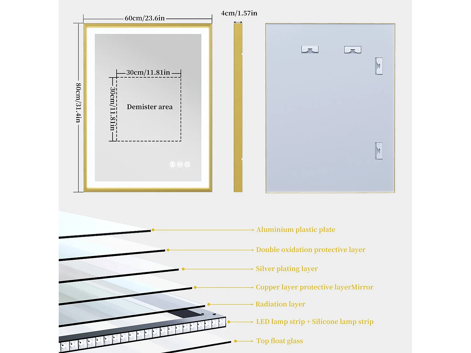 Miroir salle de bain led lumineux anti-buée avec cadre doré 80x60x4cm