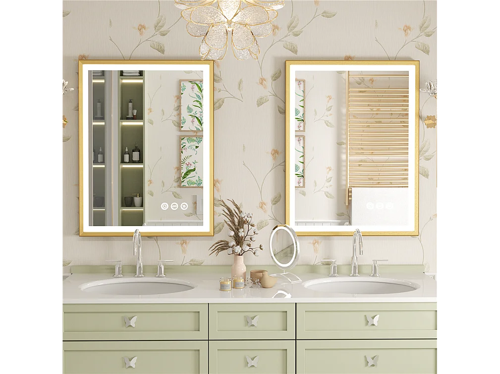 Espejo de baño iluminado LED antivaho con marco dorado 80x60x4cm