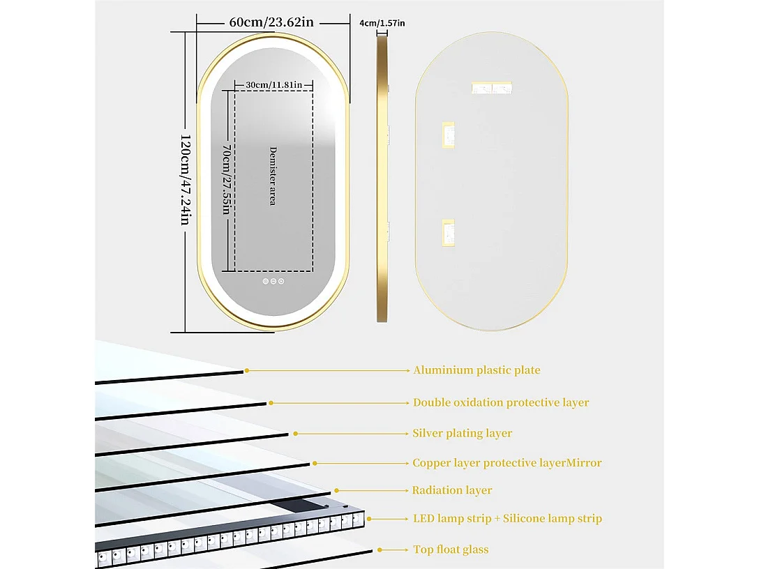 Espejo de baño LED antivaho 3 colores regulables 120x60x4cm