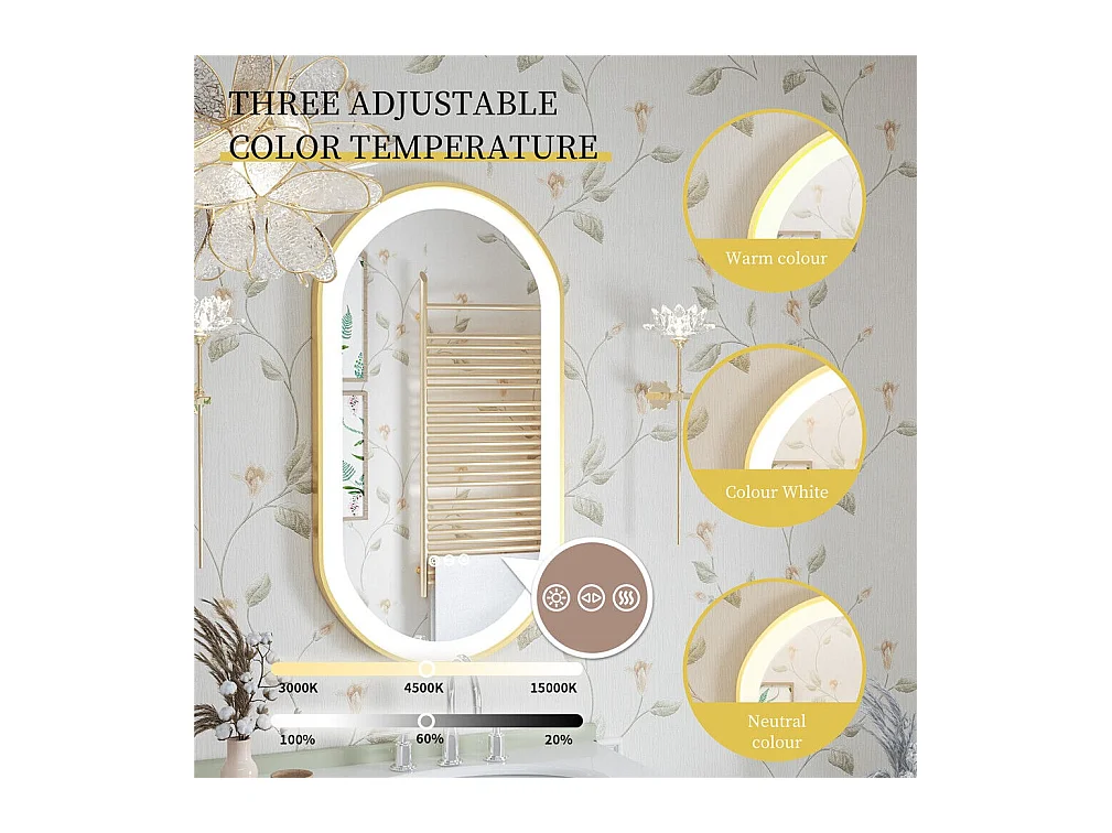 LED Badezimmerspiegel 100x50cm beleuchteter Spiegel Antibeschlag 3 einstellbare Farben 100x50x4cm