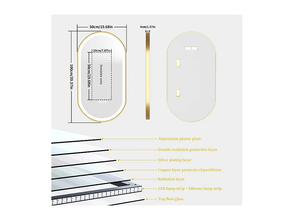 LED Badezimmerspiegel 100x50cm beleuchteter Spiegel Antibeschlag 3 einstellbare Farben 100x50x4cm