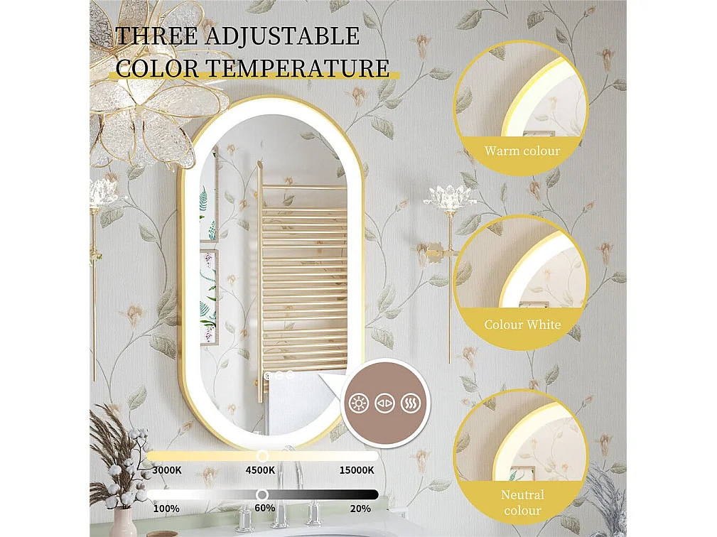 Miroir salle de bain led 100x50cm miroir lumineux anti buée 3 couleurs réglables 100x50x4cm