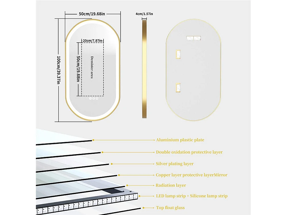Miroir salle de bain led 100x50cm miroir lumineux anti buée 3 couleurs réglables 100x50x4cm