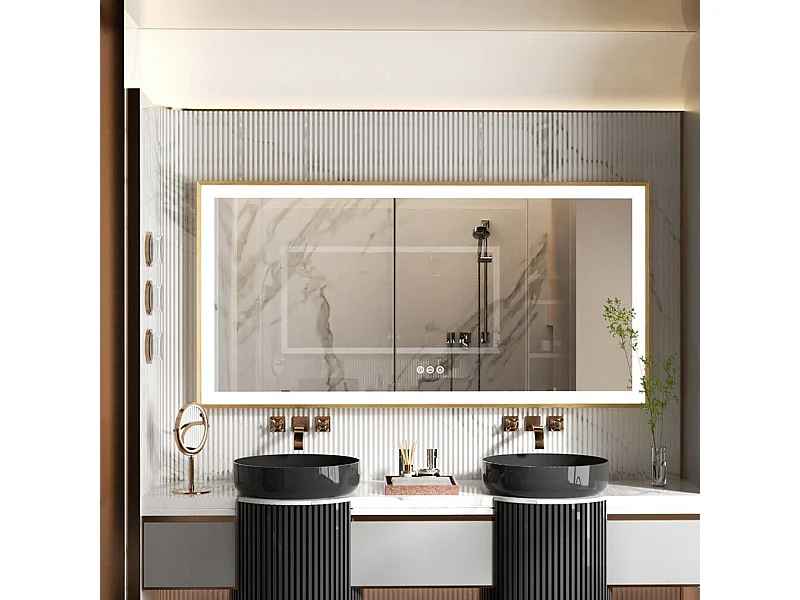 Rechteckiger LED-Badezimmerspiegel 120x60cm verstellbarer 3-farbig beleuchteter Spiegel mit Goldrahmen 120x60x4cm