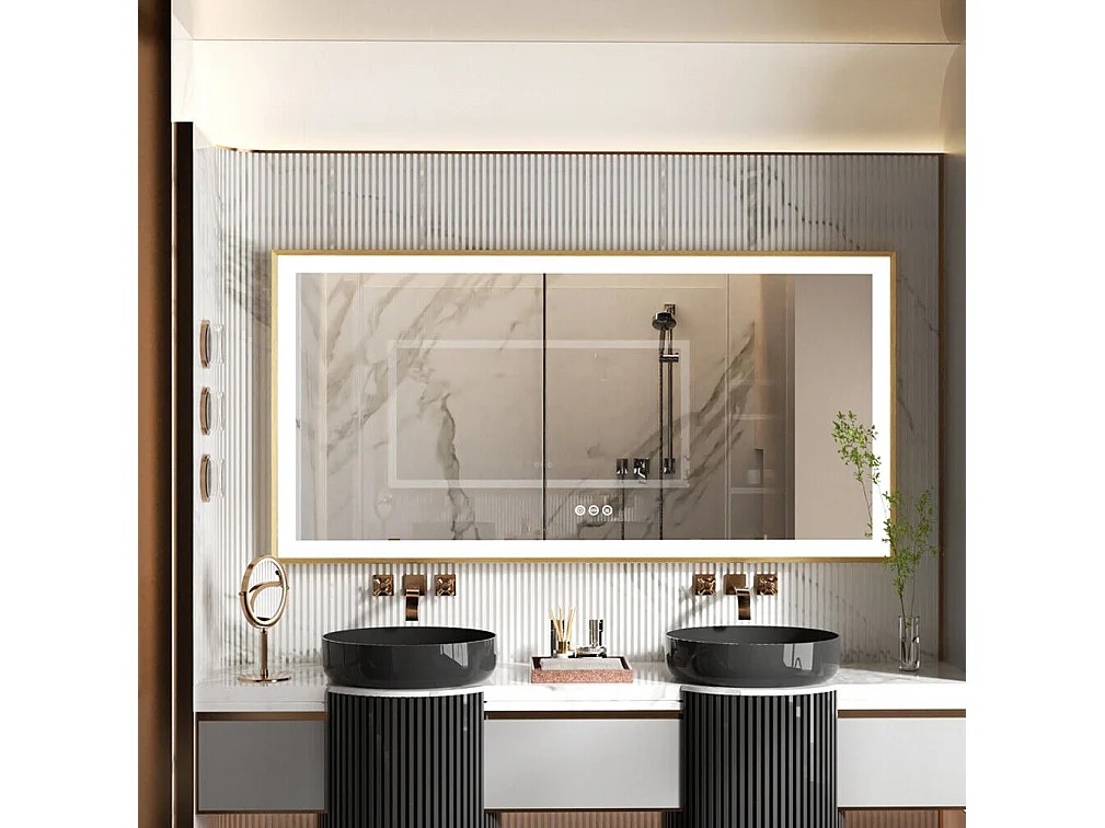 Rechteckiger LED-Badezimmerspiegel 120x60cm verstellbarer 3-farbig beleuchteter Spiegel mit Goldrahmen 120x60x4cm