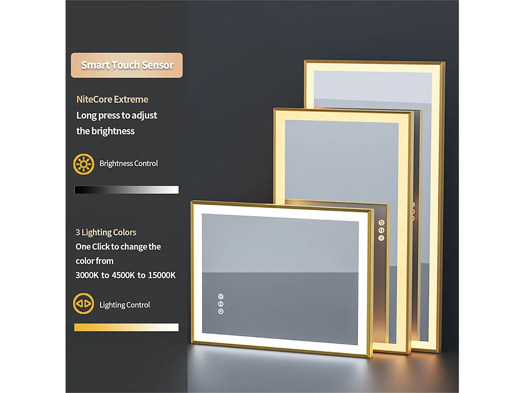 Rechteckiger LED-Badezimmerspiegel 120x60cm verstellbarer 3-farbig beleuchteter Spiegel mit Goldrahmen 120x60x4cm