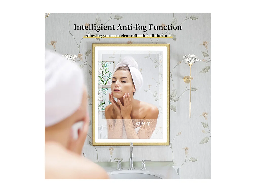 Miroir salle de bain led ractangulaire 120x60cm miroir lumineux 3 couleur réglable avec cadre doré 120x60x4cm