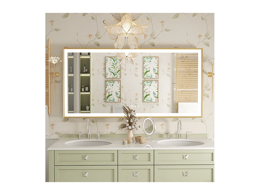 Rechteckiger LED-Badezimmerspiegel 120x60cm verstellbarer 3-farbig beleuchteter Spiegel mit Goldrahmen 120x60x4cm