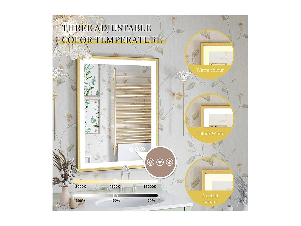 Rechteckiger LED-Badezimmerspiegel 120x60cm verstellbarer 3-farbig beleuchteter Spiegel mit Goldrahmen 120x60x4cm