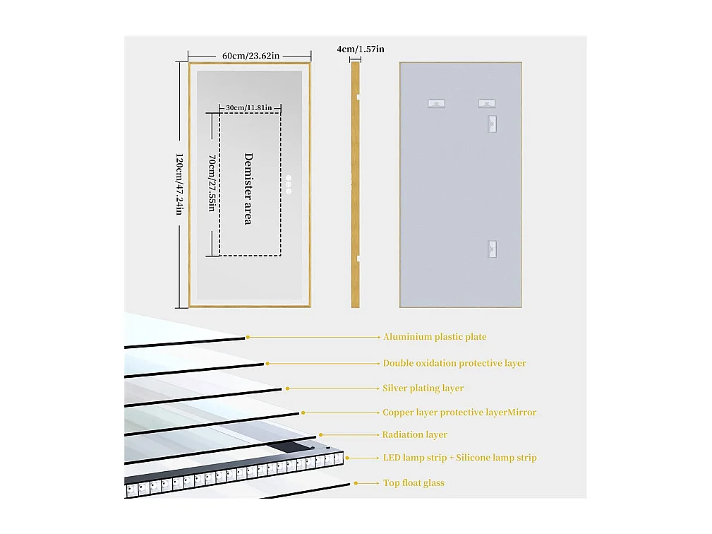 Rechteckiger LED-Badezimmerspiegel 120x60cm verstellbarer 3-farbig beleuchteter Spiegel mit Goldrahmen 120x60x4cm