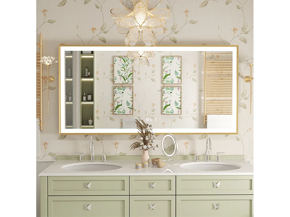 Miroir salle de bain led ractangulaire 120x60cm miroir lumineux 3 couleur réglable avec cadre doré 120x60x4cm