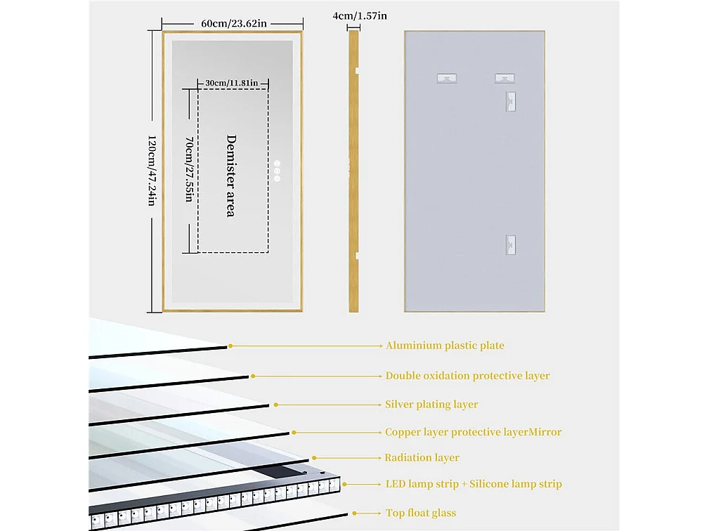 Miroir salle de bain led ractangulaire 120x60cm miroir lumineux 3 couleur réglable avec cadre doré 120x60x4cm