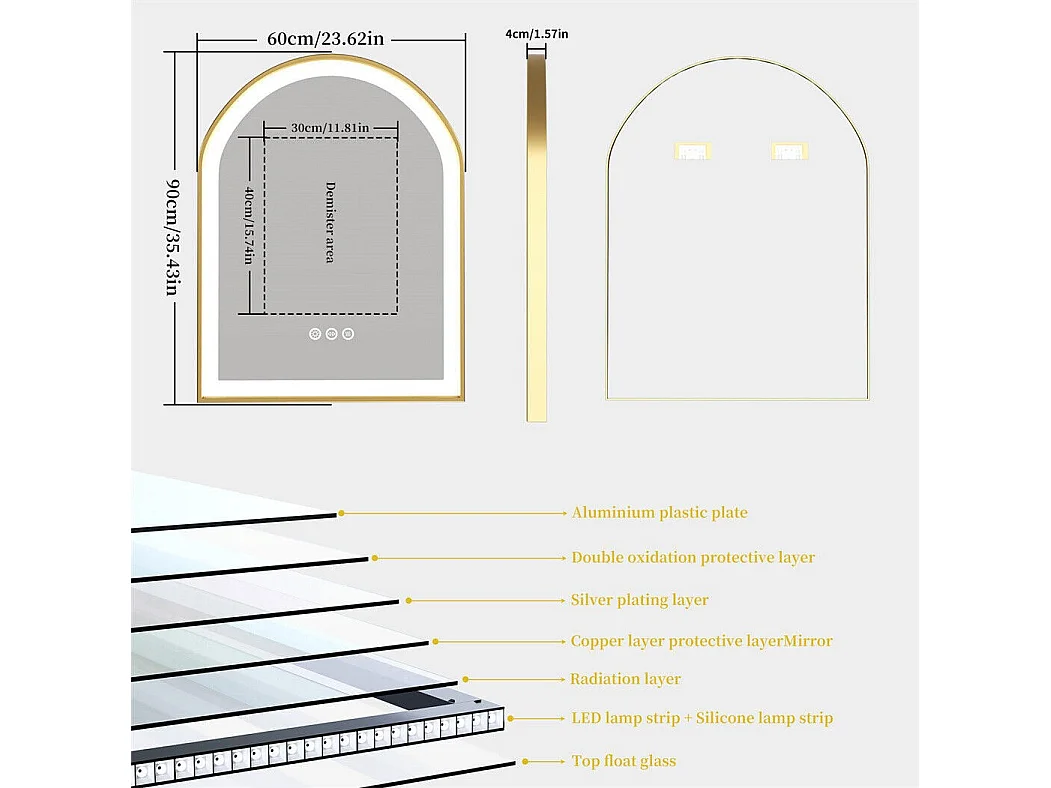 Miroir salle de bain led 60x90cm avec éclairage miroir lumineux mural 3 couleurs réglables 60x90x4cm