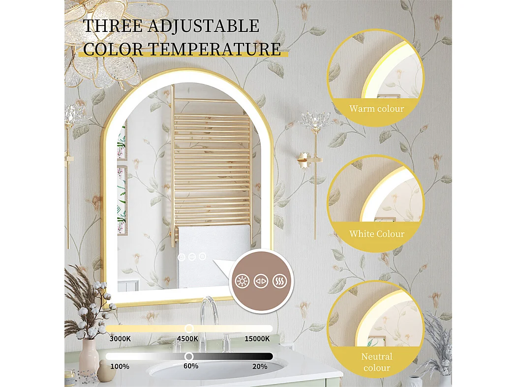 Miroir salle de bain led 60x90cm avec éclairage miroir lumineux mural 3 couleurs réglables 60x90x4cm