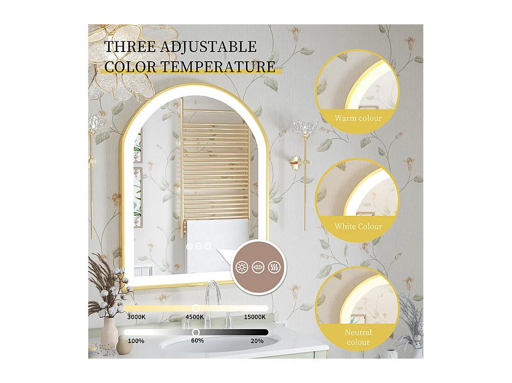 Miroir salle de bain led 60x90cm avec éclairage miroir lumineux mural 3 couleurs réglables 60x90x4cm