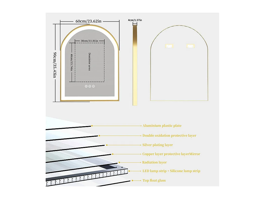 Miroir salle de bain led 60x90cm avec éclairage miroir lumineux mural 3 couleurs réglables 60x90x4cm