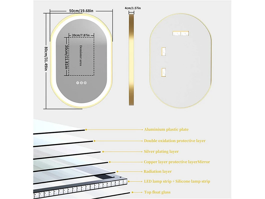 Specchio da bagno a LED 80x50cm specchio da parete ovale antiappannamento 3 colori regolabili 80x50x4cm